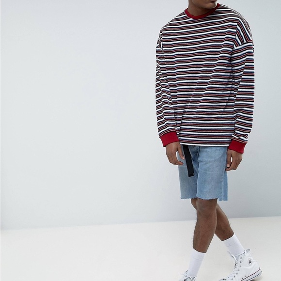 ASOS men’s burgundy stripe long sleeve crew neck towelling 90’s shirt Sz XXS - Picture 2 of 5